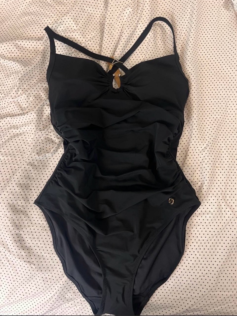 Black Ruched One-Piece Swimsuit with Gold Accent